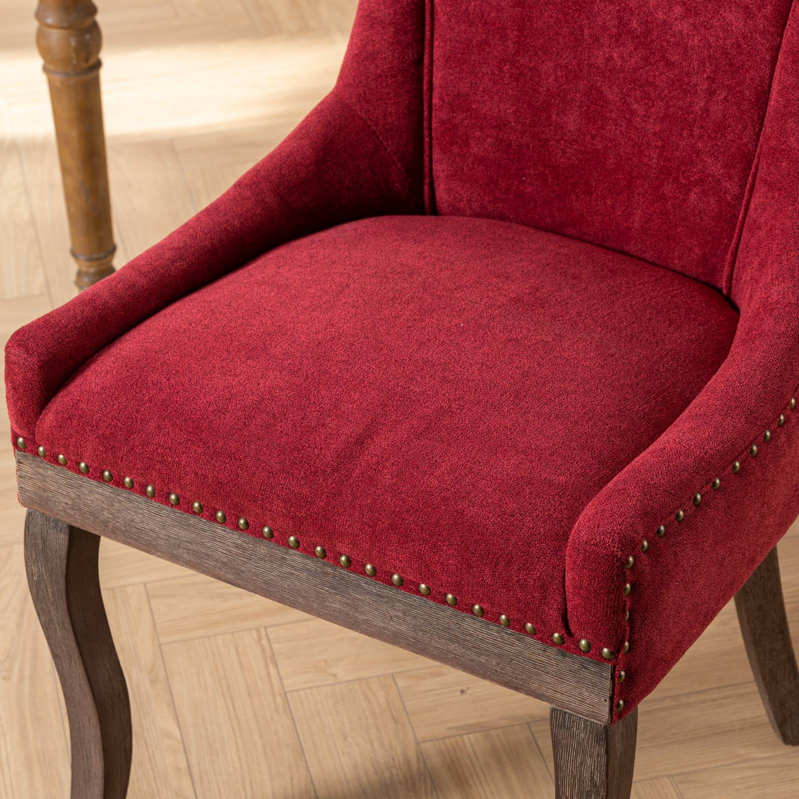 BSHTI Furniture Ultra Side Dining Chair Set of 2, Wine Red Burgundy Thickened Fabric Chairs with Solid Wood Legs & Bronze Nail Head