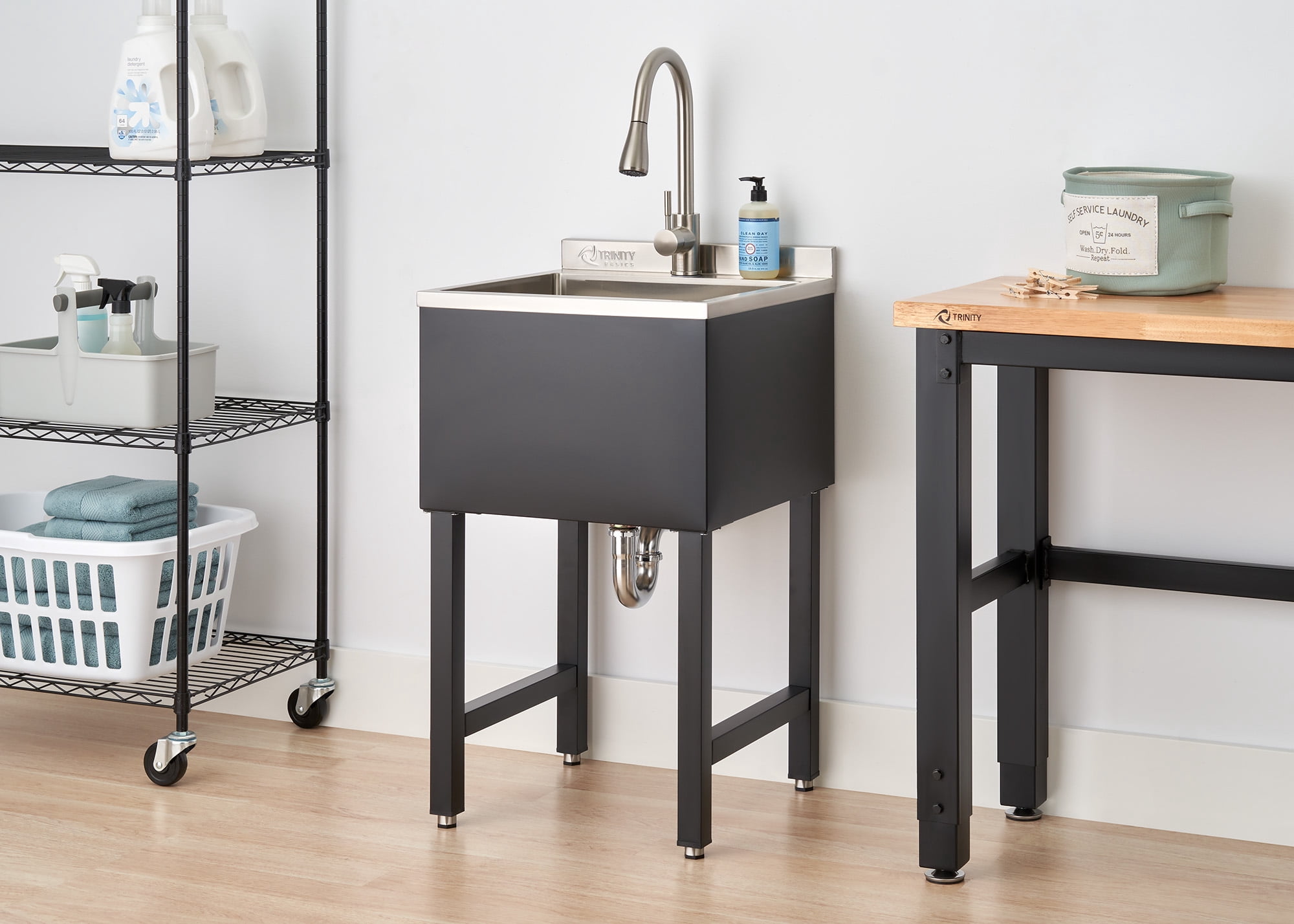 TRINITY BASICS | 18x16x13 Basin | Stainless Steel Utility Sink | NSF | w/ Pull-Out Faucet | Black