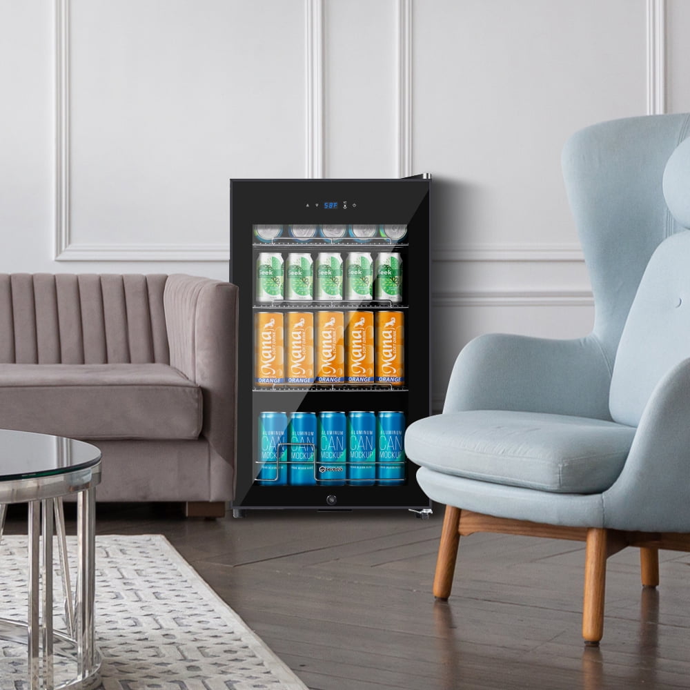 COLOZO Black Beverage Refrigerator Cooler, 96 Cans Freestanding Mini Fridge with Glass Door