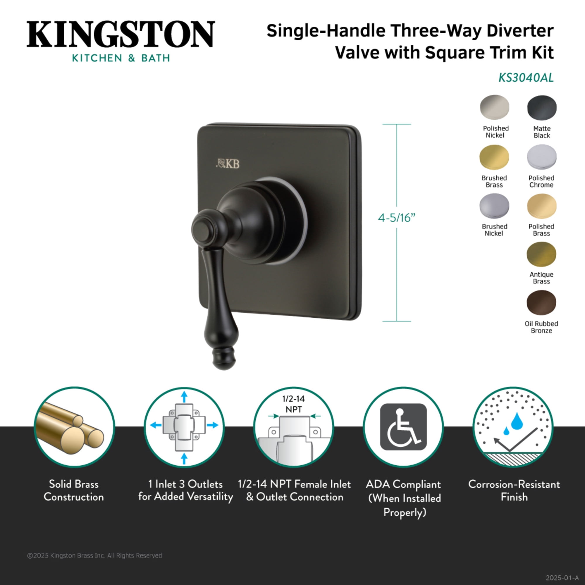 Kingston Brass KS3046AL Single-Handle Three-Way Diverter Valve with Square Trim Kit in Polished Nickel