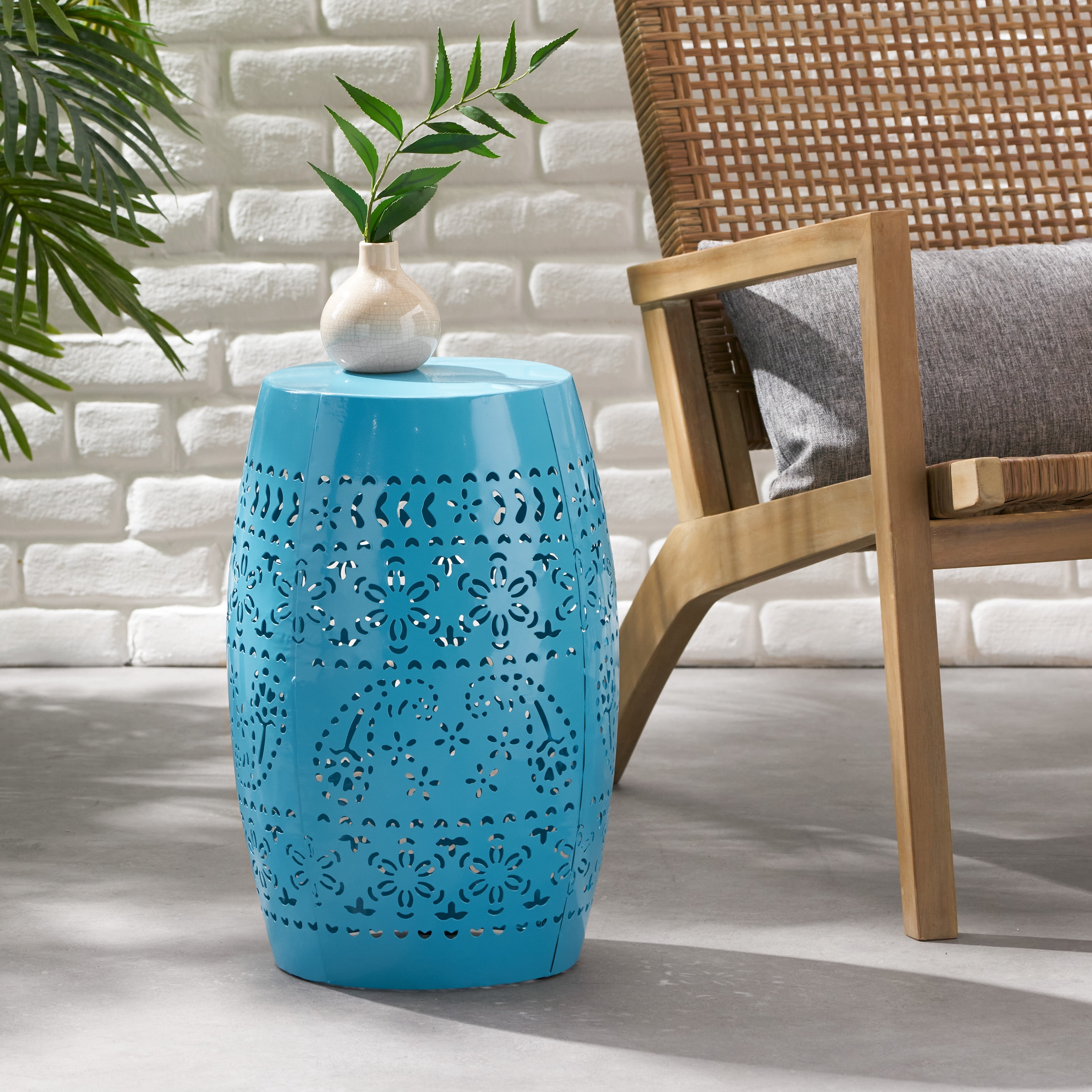 Lace Cut Metal Side Table, Outdoor End Table for Patio Balcony Garden, Blue