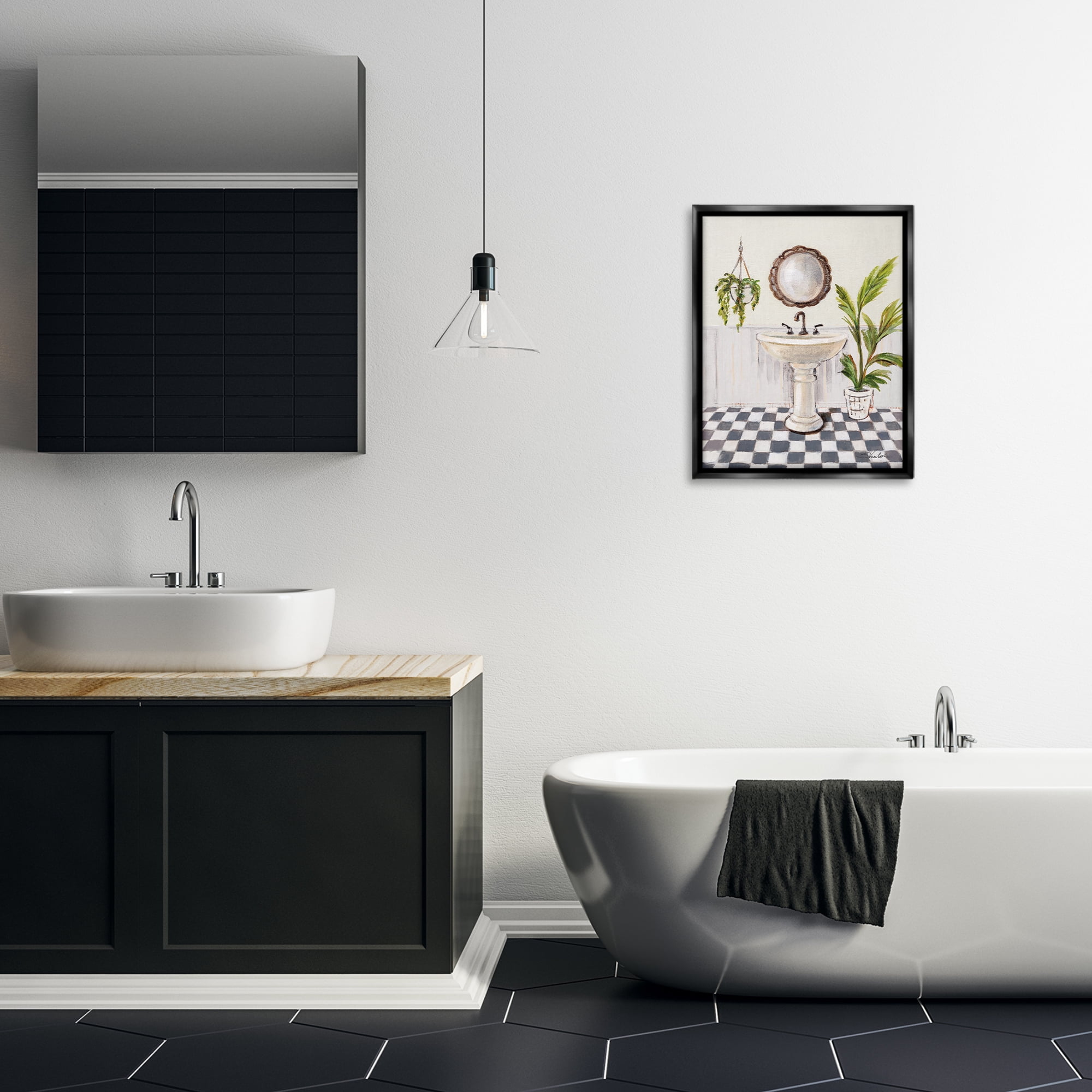 Stupell Industries Crisp Bathroom with Plants Bath & Laundry Painting Black Floater Framed Canvas Art Print Wall Art, 17 x 21