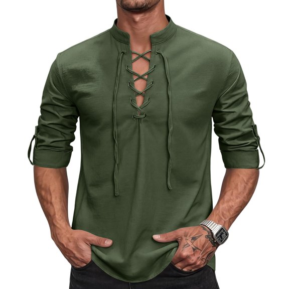 IAJDKMEK Men's Long Sleeve Henley Shirts - Retro Lace-Up Pullover Tee for Men with V-Neck and Breathable Linen Blend for Renaissance Costume Wear,Army Green L