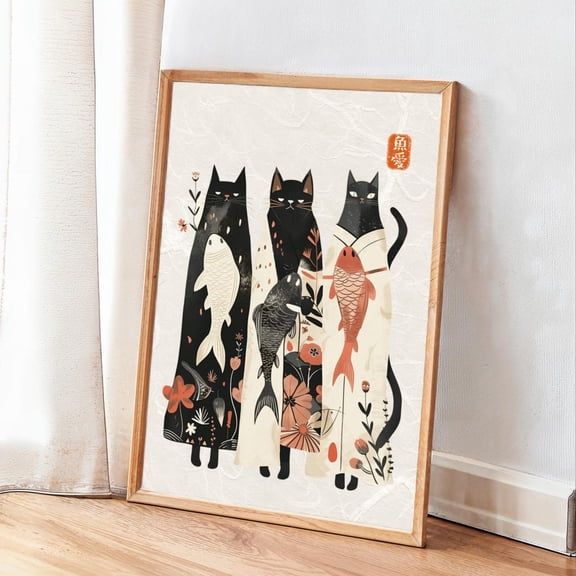 Japandi Cat Art Print, Minimalist Japanese Zen,Inspired Print With Fish And Flowers, Unique Cat Lover Gift Home Decor #1070, Unframed Poster Size 8x12
