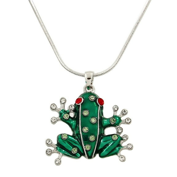 Frog Pendant Necklace Rhinestone Crystal Rhodium High Polished J0057
