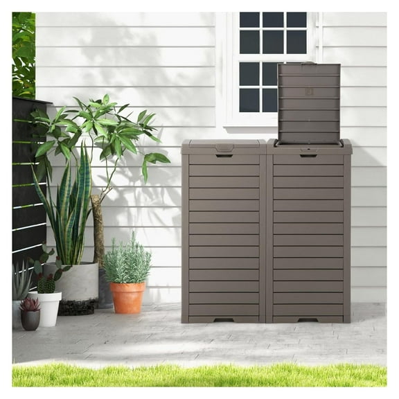 31 Gallon Outdoor Trash Can, Waterproof Garbage Can with Lid & Slidable Tray, 16” x 16” x 34” Large Resin Waste Bin for 33-40 Gal Trash Bag, Outside Trash Can for Patio Backyard Deck, Grey Gray 2 Pack