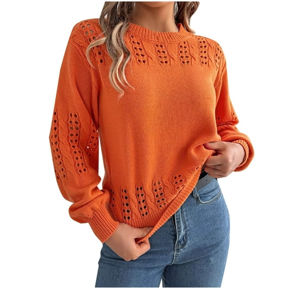 Lightweight Sweaters For Women Casual Solid Color Long Sleeve Crew Neck Winter Outfits Orange Fall Clothes Tunic Tops (M)