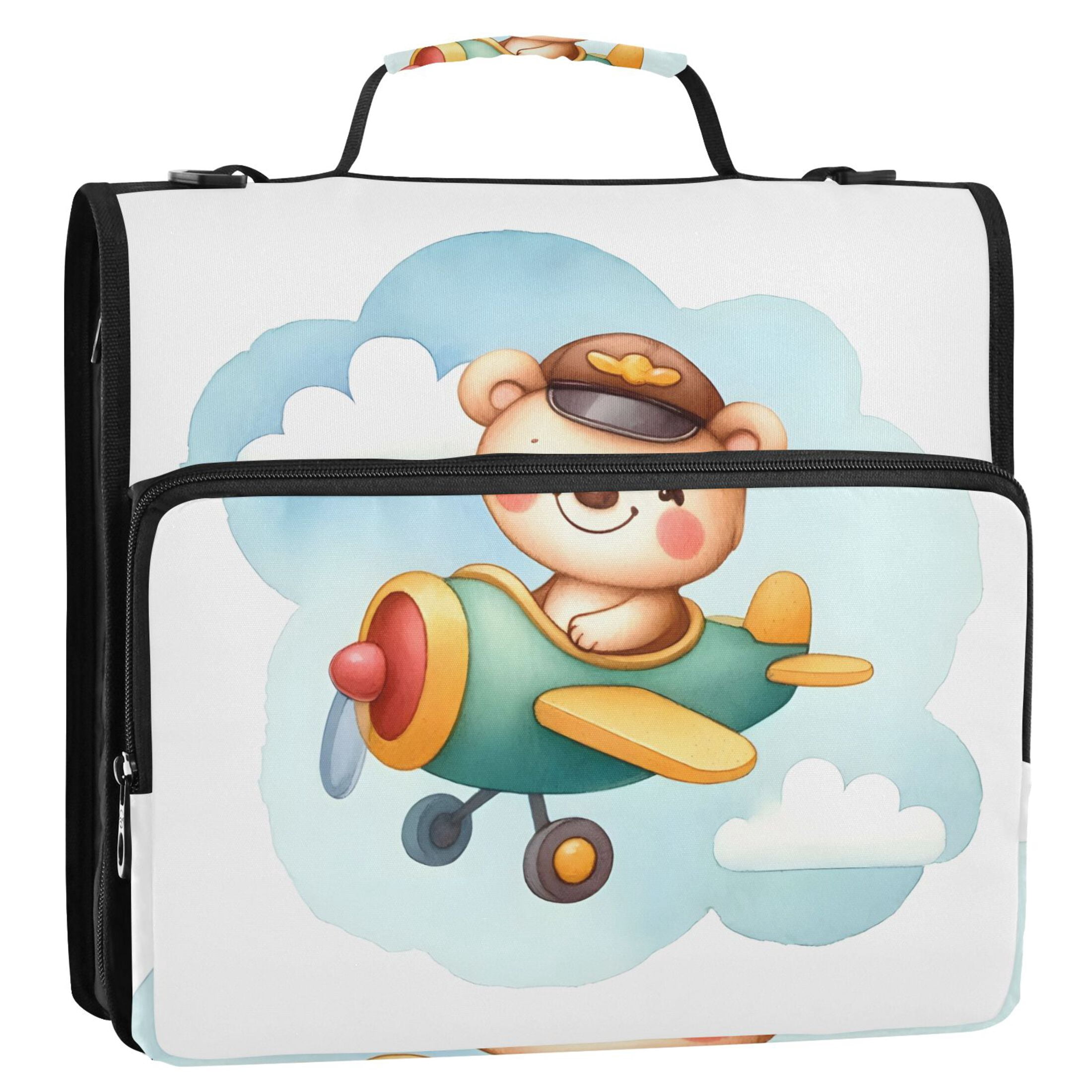 3 Ring Zipper Binder with Shoulder Strap Waterproof Trapper Keeper 2 Inch D-Ring 500 Sheets Capacity Cute Bear in Airplane