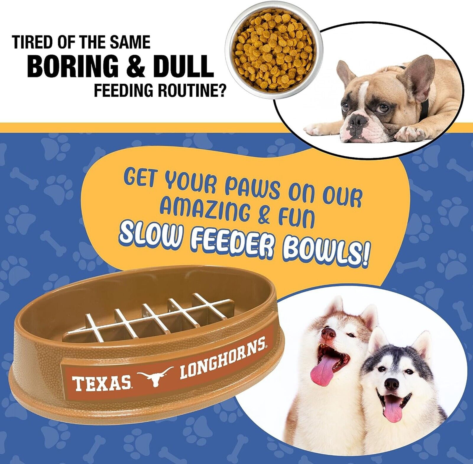 Pets First NCAA Texas Longhorns Super-Bowl Slow Feeder Bowl for Dogs and Cats with Non-Slip Mat