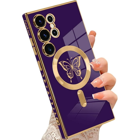 Compatible with Samsung Galaxy S24 Ultra Magnetic Case, Luxury Plating Butterfly Design with Camera Protection [Compatible with Magsafe] Shock-Absorption TPU Cover - Purple