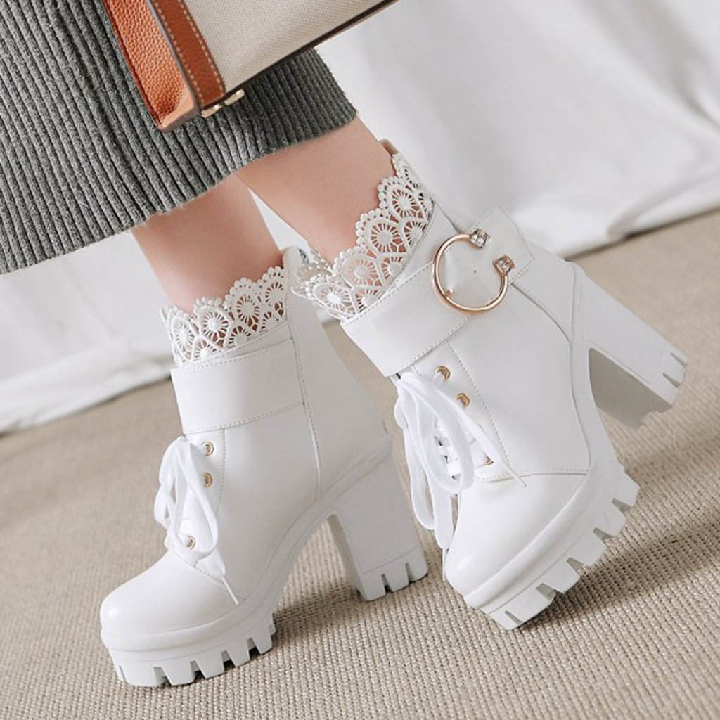 Chic Lady High Heel Chunky platform Buckle Lace Up Ankle Motor Biker Boots Shoes 