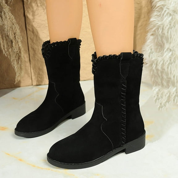 Viluyesy Womens Comfort Boots, Wide Calf Low Heels Round Toe Fall Winter Retro Suede Boots Black US6.5