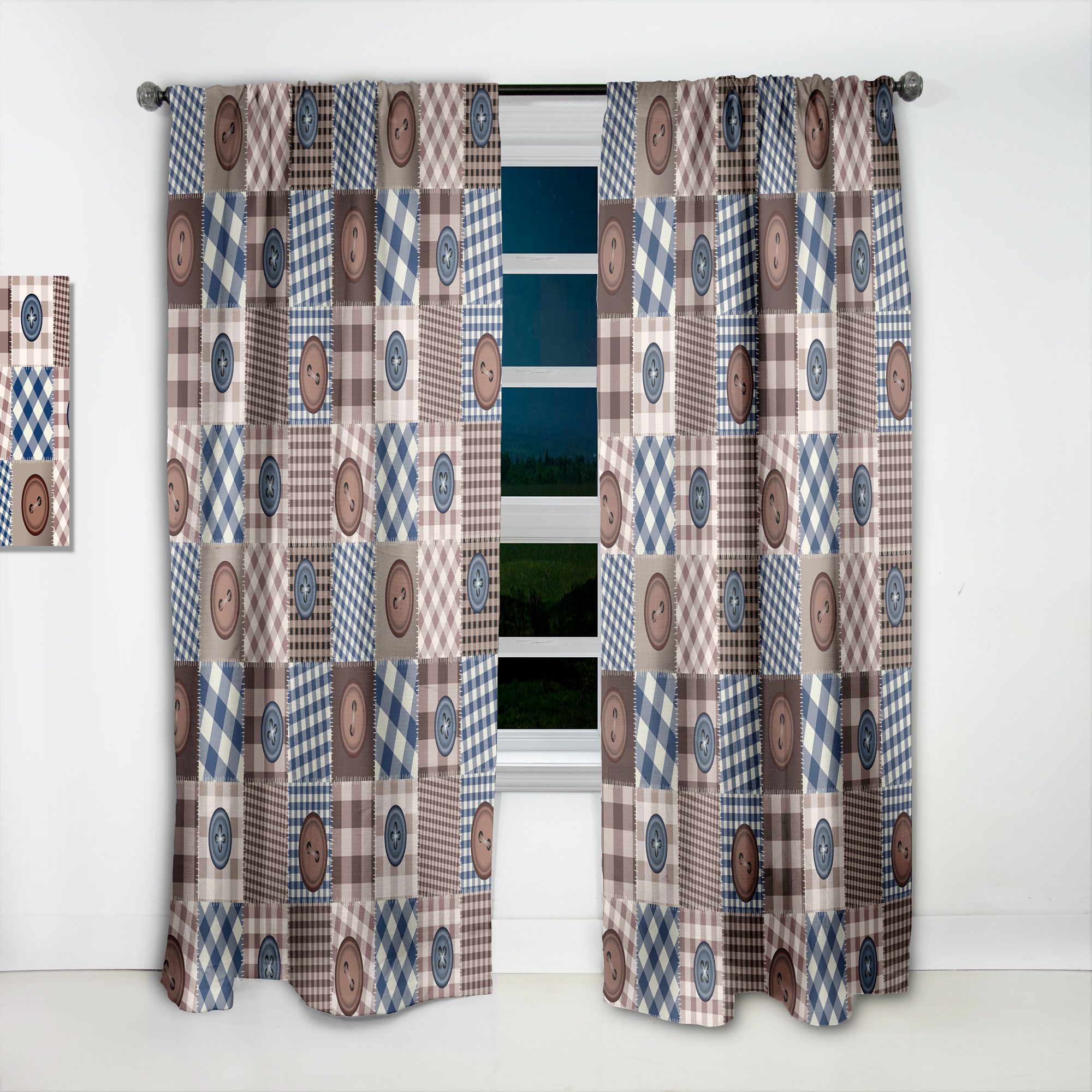 Designart 'Buttons Collage On Squared Patchwork' Traditional Curtain Panel