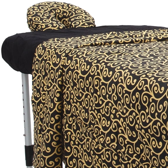 ForPro Premium Designer Flannel 3-Piece Massage Sheet Set, Golden Swirl with Black Fitted Sheet