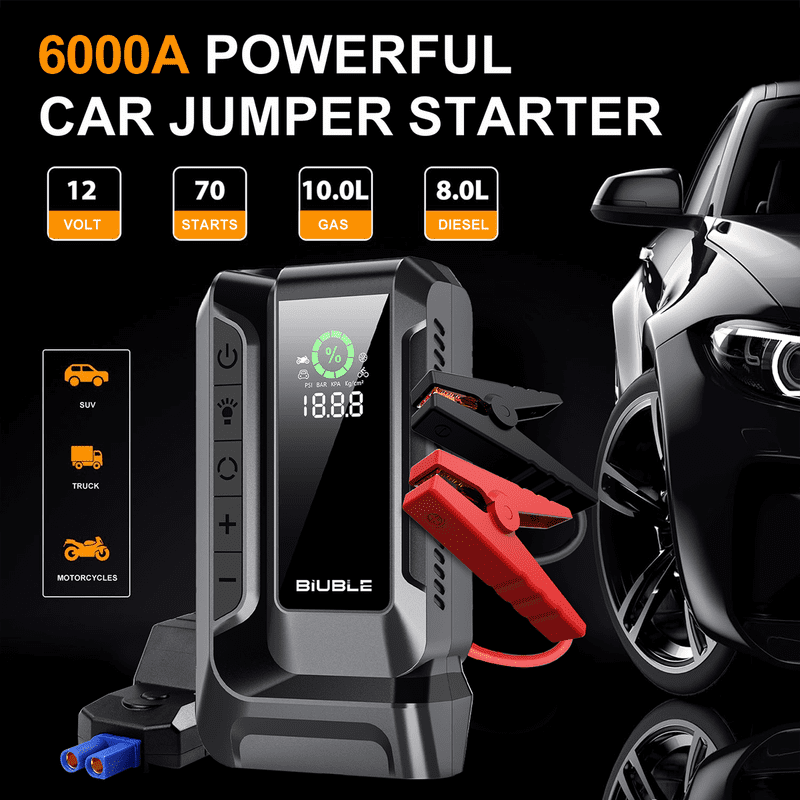 BIUBLE 6000A Car Jump Starter with Air Compressor 160PSI, Portable Jump Starter Battery Pack (14.0L Gas/12.0L Diesel, 70 Starts), QC3.0, LCD Display, 3-mode Flashlight & Jumper Cable