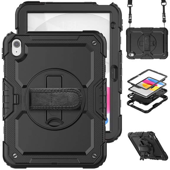 KOMI iPad 10th Generation Case 2022-iPad 10.9 Inch Case,360°Rotating Multi Functional Handle Ring Built in Screen Protector Pen Holder Shoulder Strap Case for iPad 10th Black