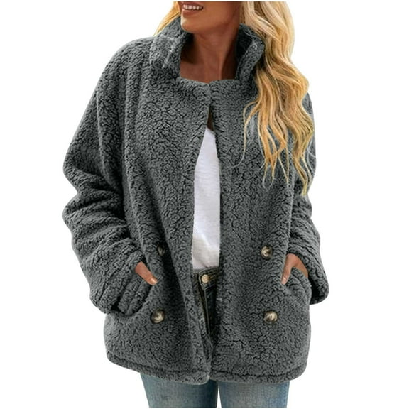 Admvng Winter Coats for Women Solid Plush Fleece Jackets Stand Collar Long Sleeve Warm Button Coat, Size S-2XL