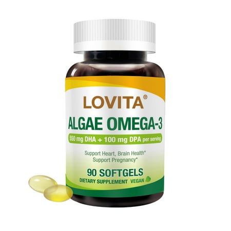LOVITA Algae Omega-3 with DHA & DPA, 1000mg Plant-Based Oil, Carrageenan-Free, Heart & Brain Support, Vegan, 90 Softgels