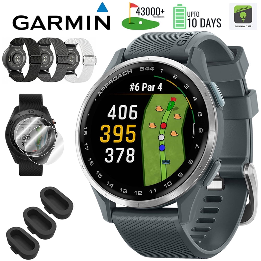 Garmin Approach S44 GPS Golf Smartwatch, Silver Aluminum Bezel w/ Twilight Band 010-03009-01 Bundle with Deco Essentials 3x Nylon Elastic Bands, 3x Silicone Dust Cover and 2x Screen Protector