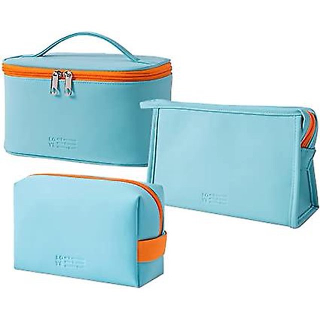 Neceser de 3 piezas para mujer, bolsa de maquillaje de PU, bolsa de cosméticos de viaje portátil, resistente al agua y duradera (azul claro)