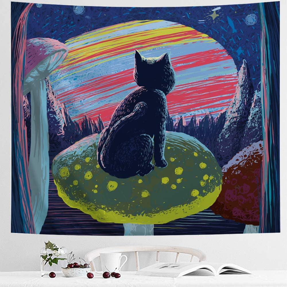 Cute Cat Sitting in Lawn Chair & Fishing Tapestry Wall Hanging Living Room Dorm 