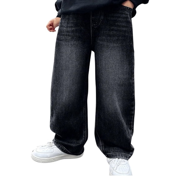 KAUOD Boys Baggy Jeans Straight Cargo Streetwear Denim Pants Kids Elastic Waist Fall Casual Wide Leg Jeans Trousers