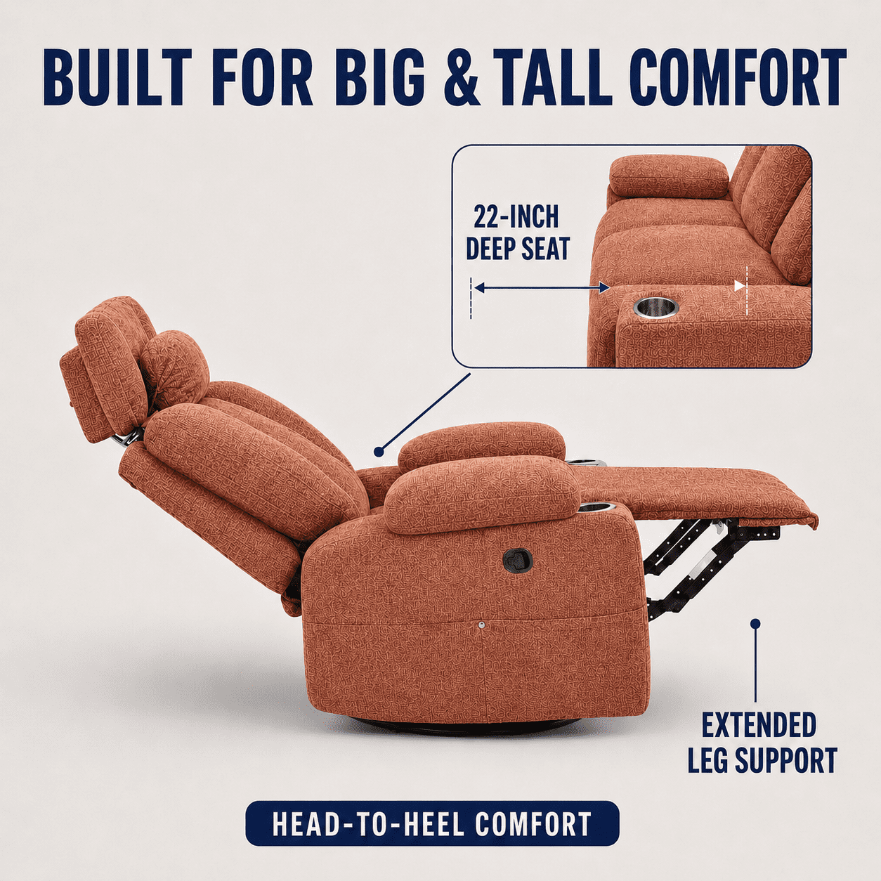 TiramisuBest Swivel Rocking Recliner Chair with Cup Holders,Big and Tall Manual Chenille Lounge Chair for Living Room,Orange
