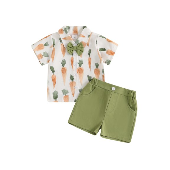 Toddler Baby Boy Easter Shorts Clothing Set 6 12 18 24 Months 2T 3T 4T Carrot Print Short Sleeve Button-up Bow Tie Shirt Elastic Waistband Shorts Outfits