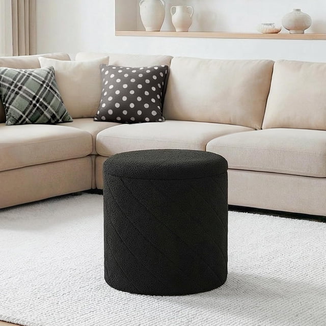 Ottoman Rond en Bouclé de 17 Pouces avec Rangement - Table Basse Ottoman Pliable pour Salon et Chambre - Noir