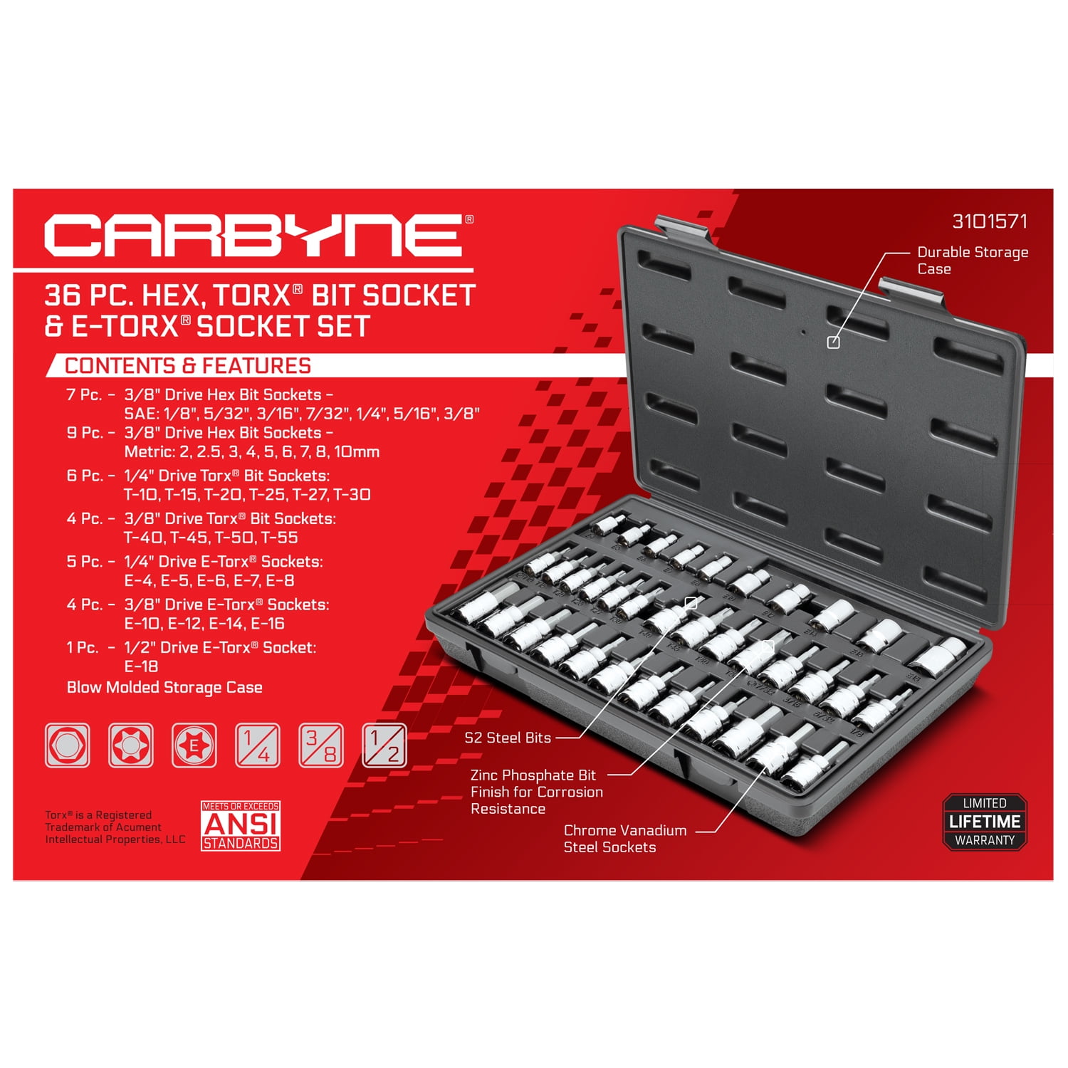 Carbyne 36-Piece Hex (Allen) Torx Bit Socket and E-Torx Set, SAE and Metric, S2 Steel Bits, CrV Sockets, 1/4 in. 3/8 in. 1/2 in. Drive