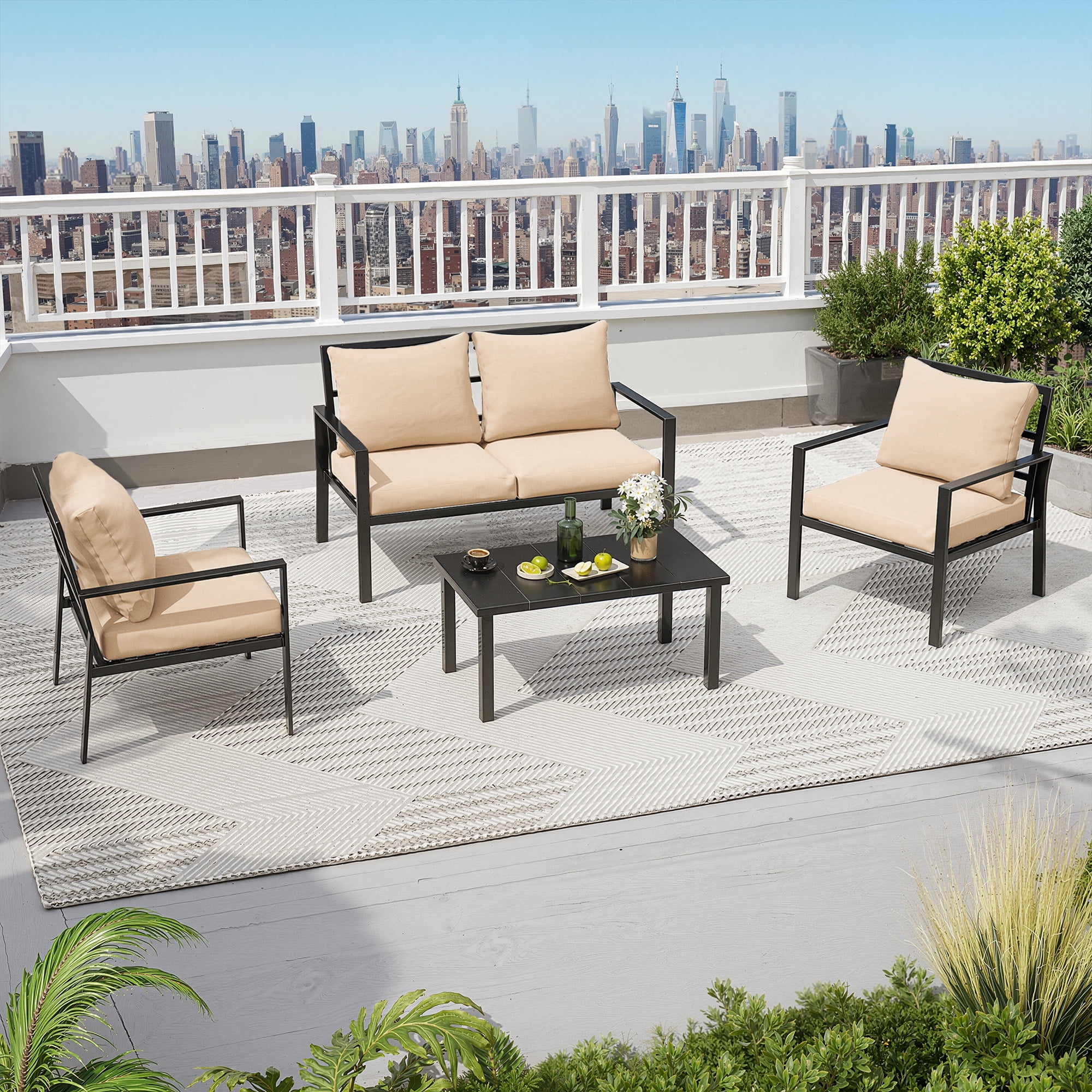 MAYEERTY Luxury Beige Metal Outdoor Furniture Set: 2 Single Chairs, 1 Double Loveseat, 1 Table