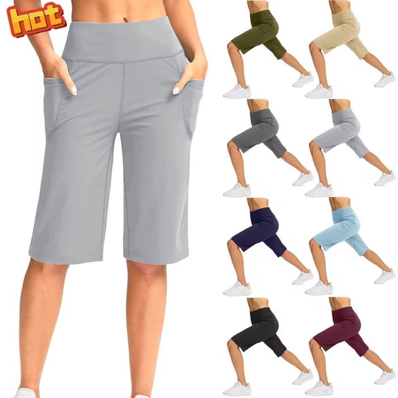 Taqqpue Bermuda Shorts for Women Casual Knee Length Hiking Shorts High Waisted Long Shorts Running Workout Athletic Shorts with Pocket