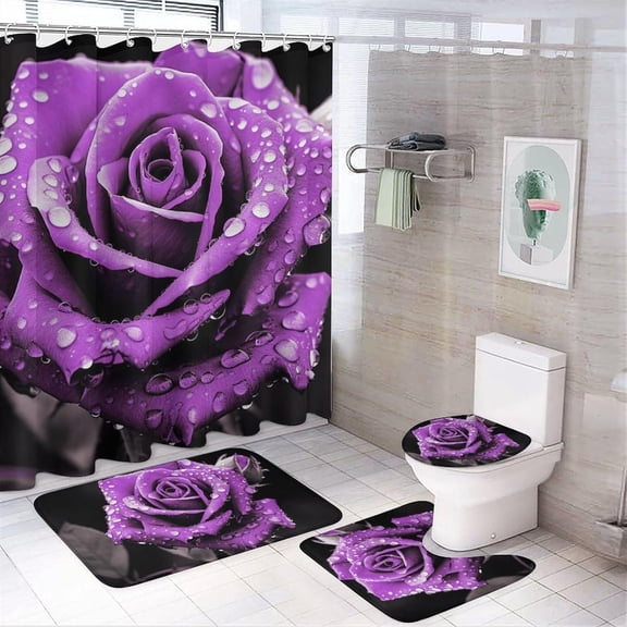 4 Pieces Gorgeous Purple Rose Shower Curtain Set Black Background Vintage Plants Bathroom Decor Sets with Rugs Bathroom Accessories Set Bathroom Curtain Shower Set with 12 Hooks
