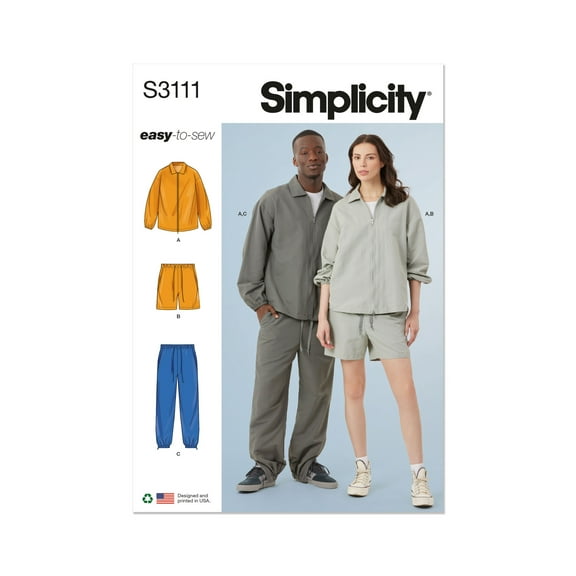 Simplicity Sewing Pattern 3111 - Unisex Jacket, Shorts and Pants, Size: A (XS-XXL)