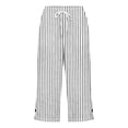 thumbnail image 5 of RoamHome Women's Vertical Striped Capri Pants Elastic Waist Drawstring Side Slit Button with Pockets, 5 of 5