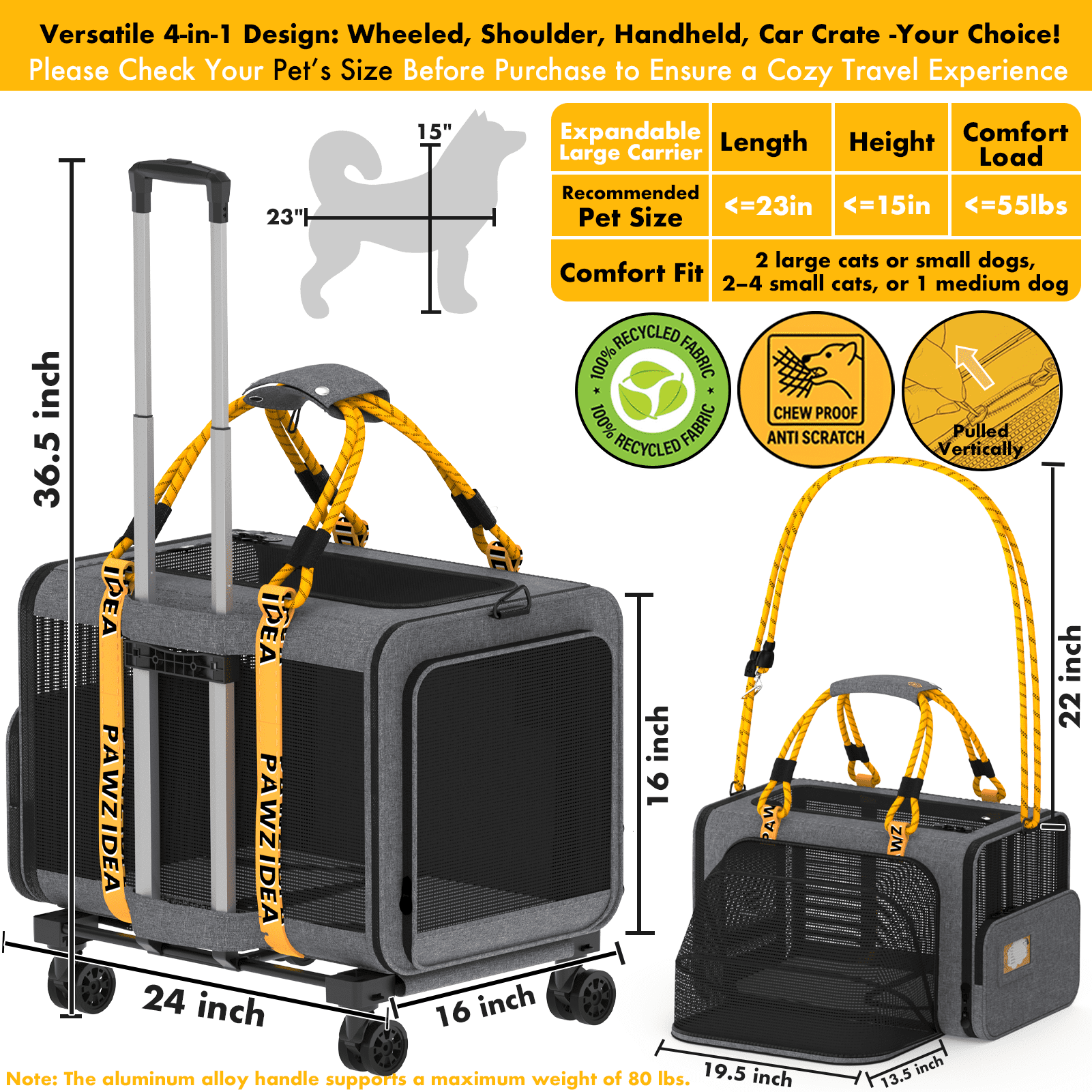 PAWZIDEA Expandable Large Pet Carrier with Wheels, 24x16x16 in Rolling Cat Carrier for 2–4 Cats up 55lb, Soft-Sided Collapsible Small Medium Dog Crate for Car Travel, Telescopic Handle