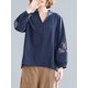 thumbnail image 3 of Blusa suelta de mujer con cuello en V bordado Camisa vintage de manga larga Tops casuales Abanopi Aqua/XX-grande, 3 of 7