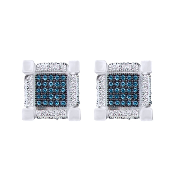 AFFY 3/4 Cttw 3D Cube Square Earrings Round Cut Enhanced Blue & White Natural Diamond In 10k Solid Gold