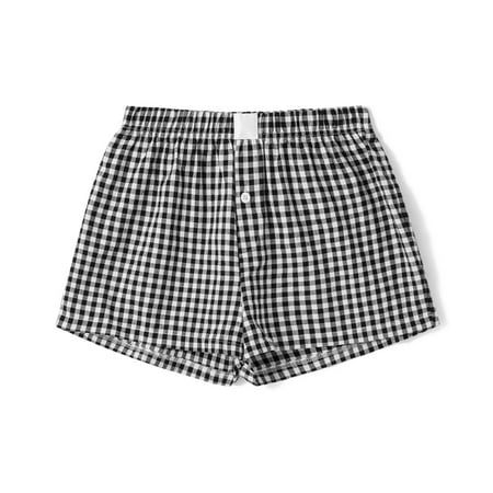 Women Gingham Boxer Shorts Stripes Button Elastic Waist Boxers Cute Mini Bloomers Plaid Loose Fit Boy Shorts