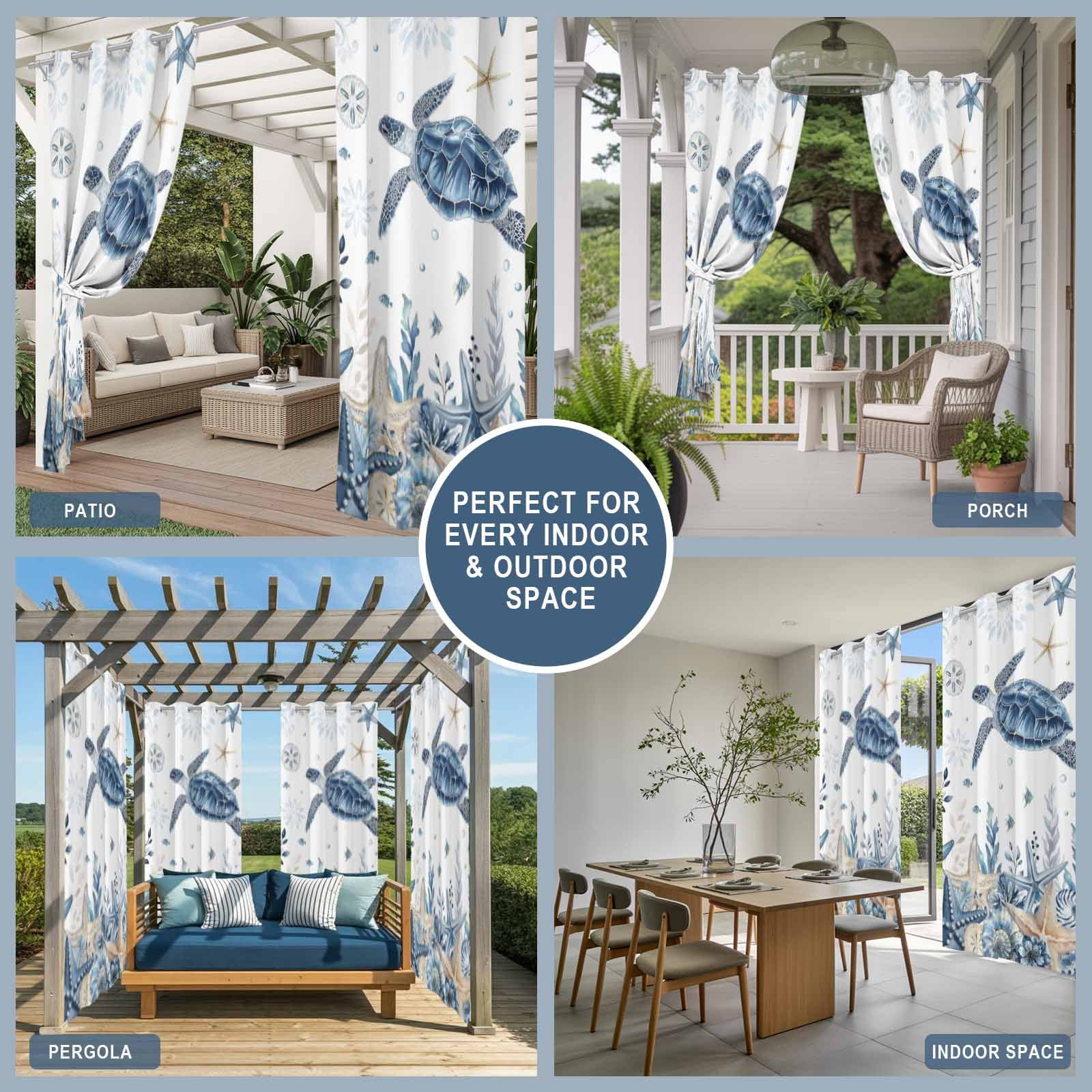 Ocean Turtles Outdoor Curtains for Patio, Blue Yellow Sea Star Shell Coral Sunshade Privacy Drapes Grommet Waterproof Outside Curtains for Porch/Cabana/Balcony 54"x 108", 1 Panel