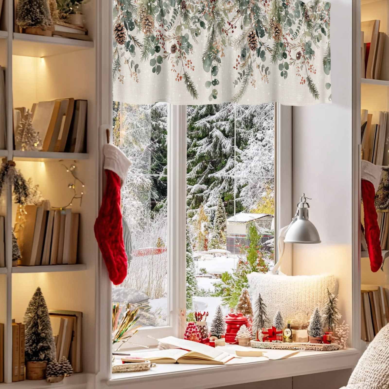 Christmas Winter Valance Curtain for Windows Pine Tree Berry Eucalyptus Retro Linen Curtain Valances Short Window Treatments Panels for Kitchen Bathroom Laundry Room Basement 60 x 18 Inch