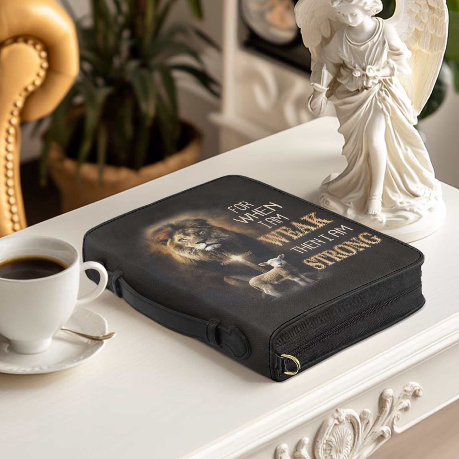 Kuiaobaty Lion Sheep Cross Print Bible Covers for Women Men Leather Bible Bag with Shoulder Strap Lightweight Bibles Study Accessories with Bookmark Gifts for Christian, Black
