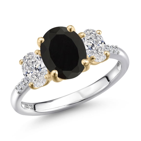 Gem Stone King 925 Silver and 10K Yellow Gold Black Onyx and DEF Lab Grown Diamond Engagement Ring for Women | 3.06 Cttw | Oval 9X7MM | December Birthstone | Size 9