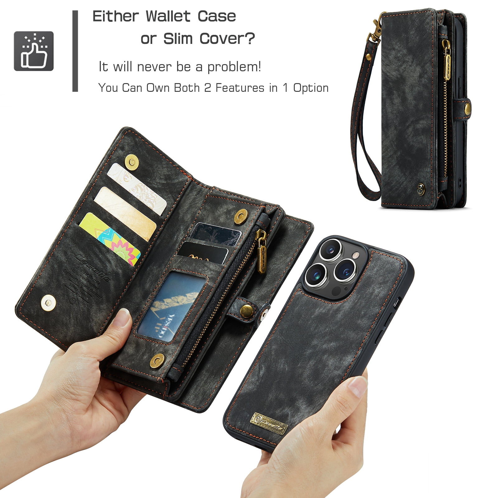 Feishell Durable 2- In-1 Magnetic Detachable Wallet Case for iPhone 16 Pro Max,for Women Men,Premium PU Leather Zipper Pocket Flip Multi Card Slots Purse Phone Case with Wrist Strap,Black