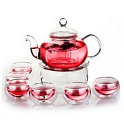 Glass Filtering Tea Maker Teapot with a Warmer and 6 Tea Cups (25*15*11cm, red1)