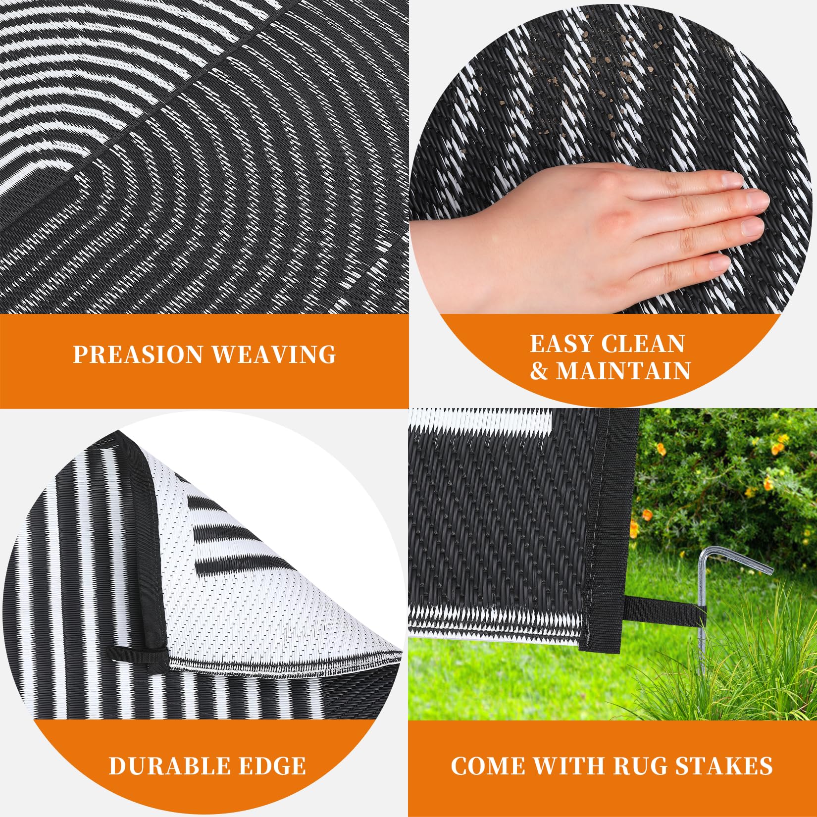 Kicctian Outdoor Rug 8x10FT Patio Waterproof, Outdoor Patio Rug Plastic Straw Outdoor Carpet, Large Modern Area Rug Carpet for Camping Poolside RV, Easy to Clean, Black & White