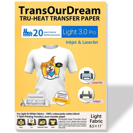 TransOurDream Heat Transfer Paper for Light Fabrics, Laserjet & Inkjet Printable, 8.5x11", 15 Sheets Iron on Vinyl Transfers