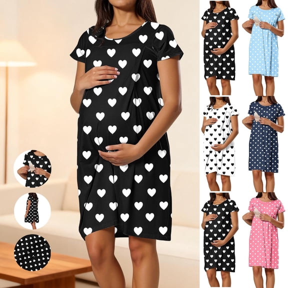 Frostluinai Nursing Dress Summer Short Sleeve Breastfeeding Casual Knee Length Maternity Dresses Polka Dot Print Pregnancy Dress Loungewear Pink S