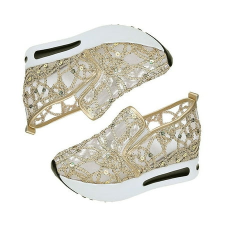 

Kitem 1 Pair Women Shoes Good Air Permeability Shiny Sequin Breathable Mesh Thick Soles Daily Wear Slip-on Height Increasing Wedges Shoes Female Shoes