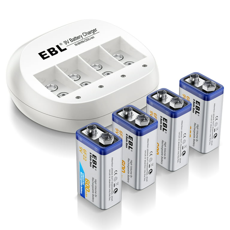EBL 4-Pack 600mAh 9V 6F22 Lithium-ion Rechargeable Batteries + 4 Bay Li-ion  Battery Charger